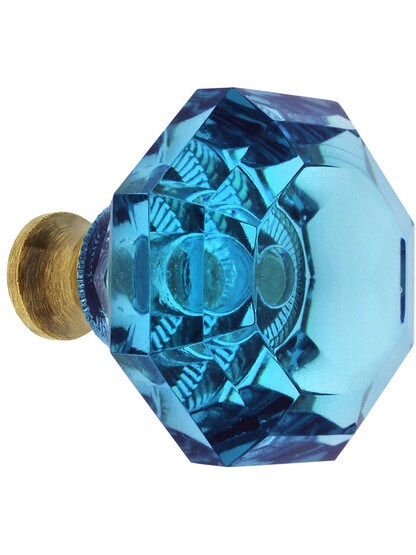 Aqua Octagonal Crystal Knob with Solid Brass Base in Antique Brass.